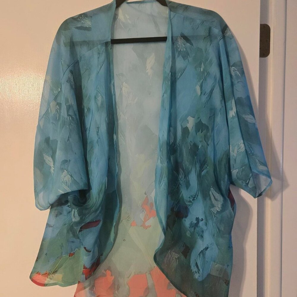 Blue and green floral kimono top